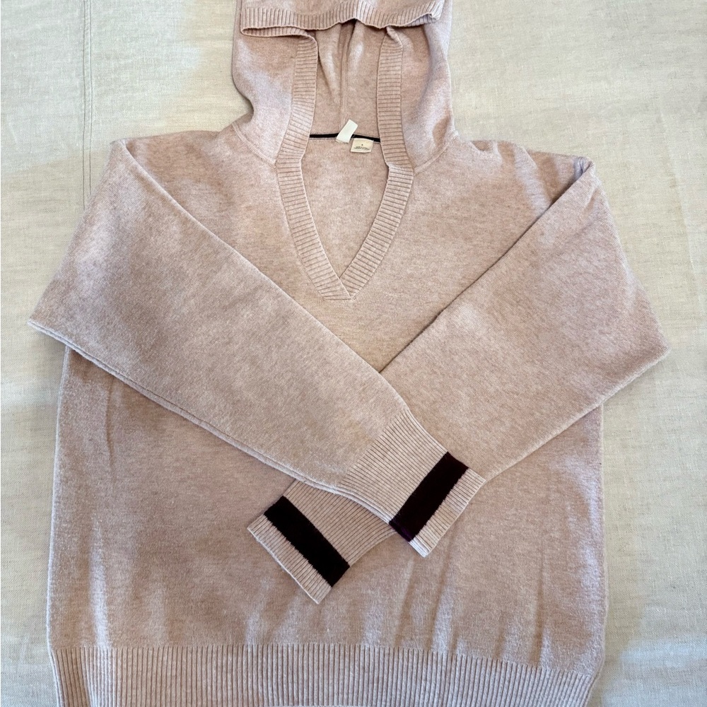 Moth V-Neck Pale Pink with Burgundy Trim Sweater with Hood
